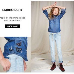 LEVI'S Blue Jean Shirt with Butterfly & Flower Embroidery - Girls 12-13 Years